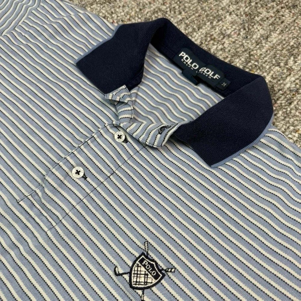 Vintage Ralph Lauren Polo Shirt Mens Medium Striped Golf Rugby Preppy Blue